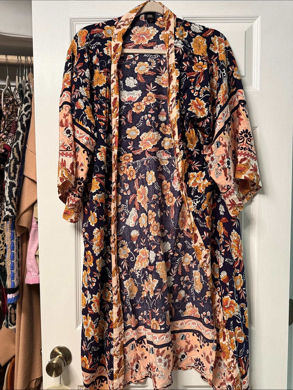 Evereve Navy Floral Kimono with Peach Accents